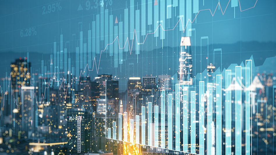 Bar graph, candlestick bar graph, and line graph superimposed with city skyline