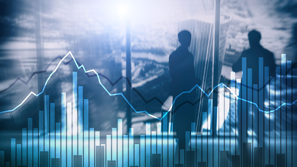 Bar chart and line chart superimposed over silhouettes of two men in office attire looking the city.