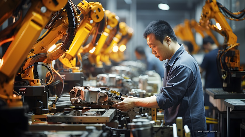 A factory worker in China inspects a piece of equipment in a factory.