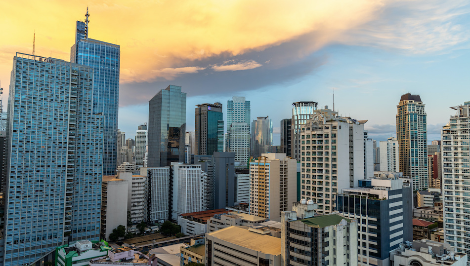 A city skyline with tall buildings.