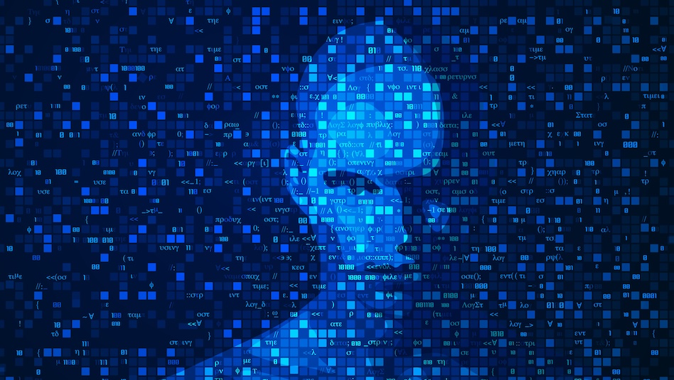 Digitized silhouette of a bald man using small squares in various shades of blue