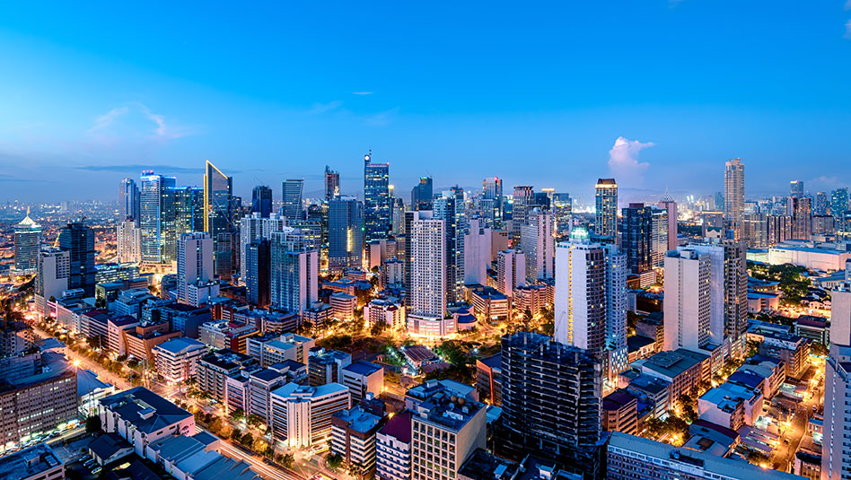 A city skyline at night