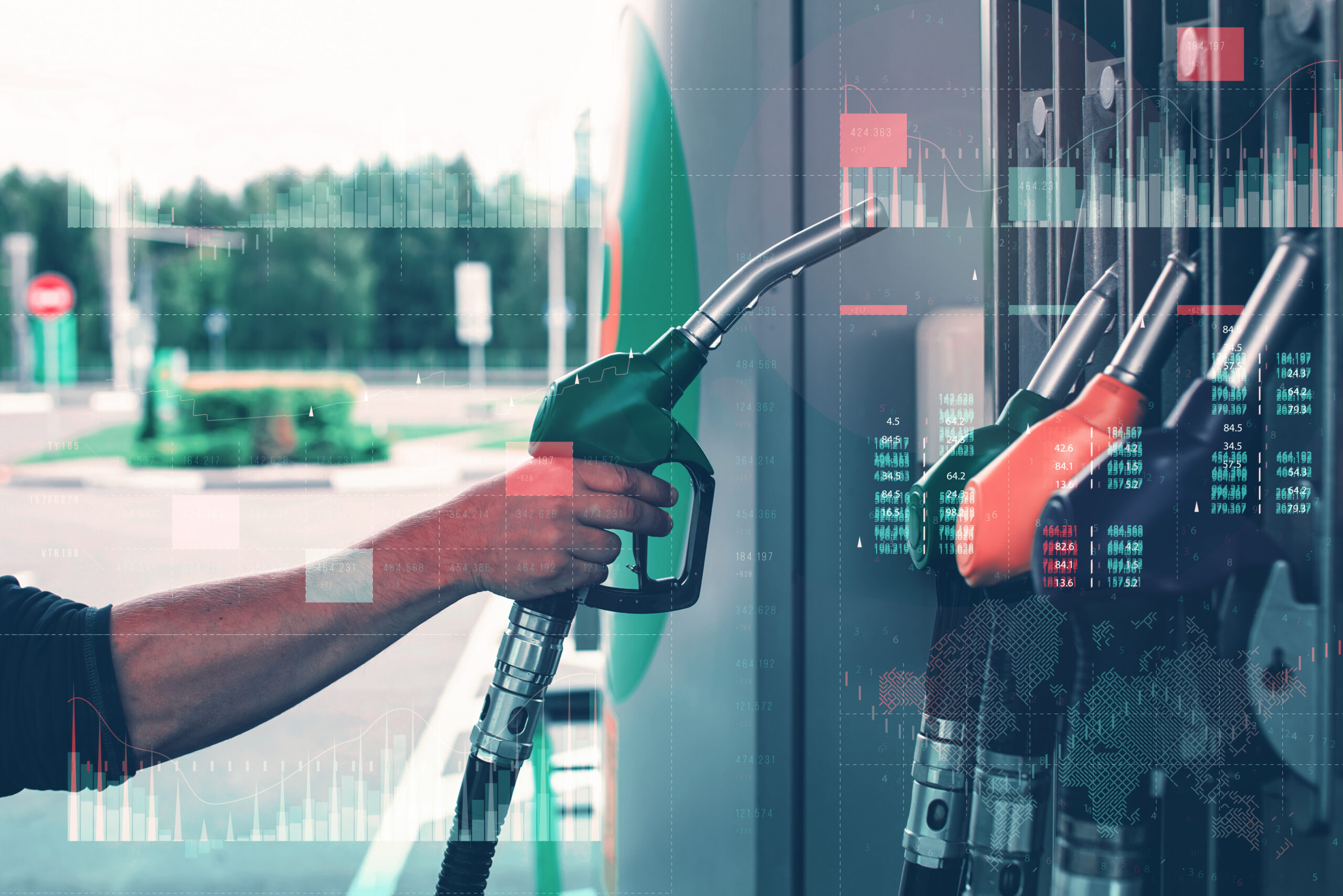 A man fills up a car at a gas station on technological background. Graph of rising prices for gasoline and fuel.